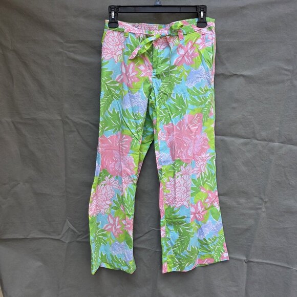 Lilly Pulitzer Size 10 Pull On Pants Green Pink Lightweight Wish Wash Tropical - Picture 1 of 6